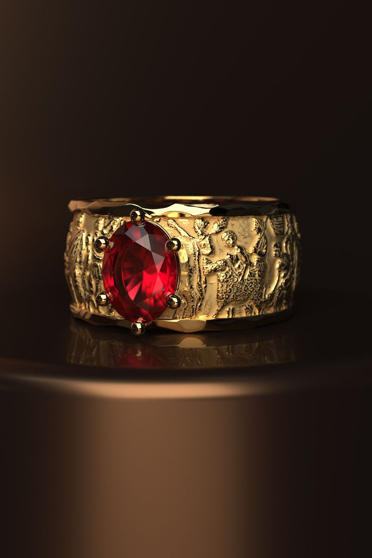 "Solid gold ring for man or for women, Natural Burma Ruby ring made in Italy. Ancient style Ruby ring in real gold 18k / 14k, fine jewelry Italian Cocktail ring in solid gold with 8 mm x 6 mm natural Burma Ruby. Relief ring in 18k or 14k solid gold. Limited edition cocktail ring \"Altar of Domitius Ahenobarbus\" A beautifully well-crafted solid gold ring with a combination of sandblasted and polished finishes. The Altar of Domitius Ahenobarbus, more properly called the Statuary group base of Dom Ruby Ring For Men, Group Base, Solid Gold Band, Gold Cocktail Ring, Detailed Ring, Black Gift Boxes, Ring For Men, Solid Gold Rings, Ruby Ring