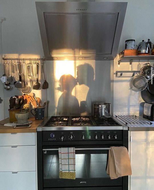 two people are kissing in the kitchen with their shadows on the stove top and oven hood