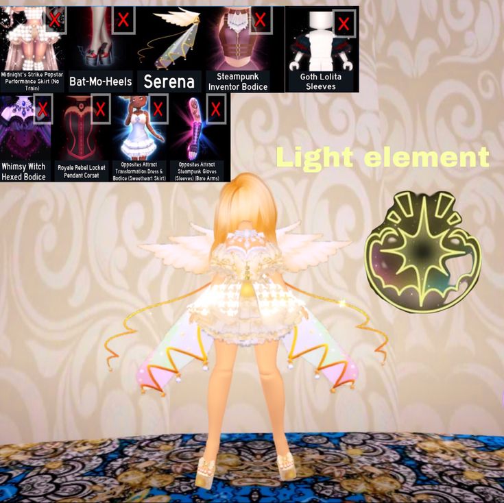 the doll is standing in front of a wall with many different images and text on it