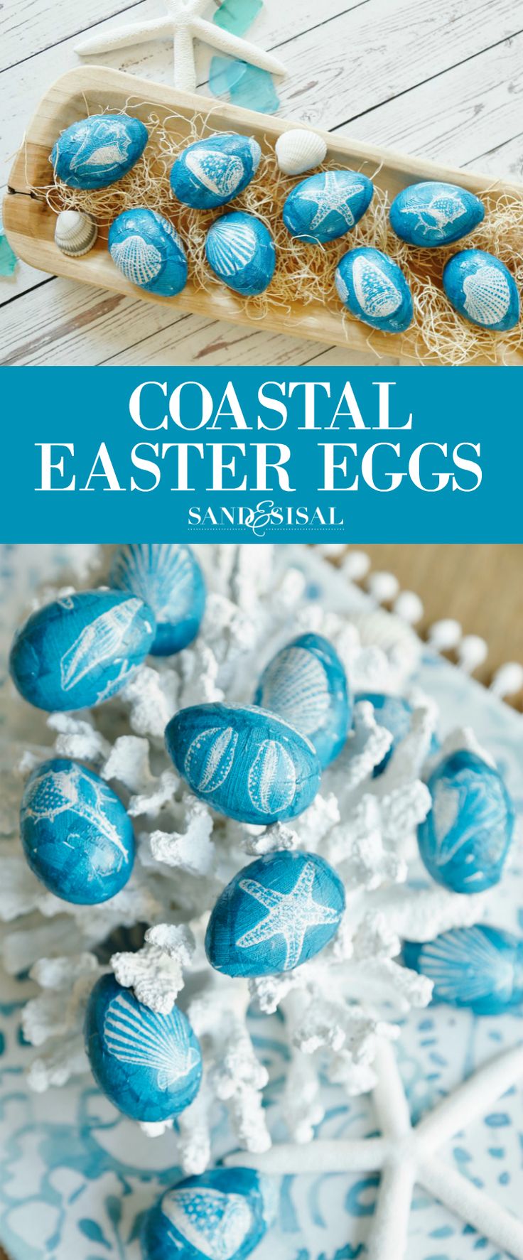 the cover of coastal easter eggs, with blue and white candies in them on a plate