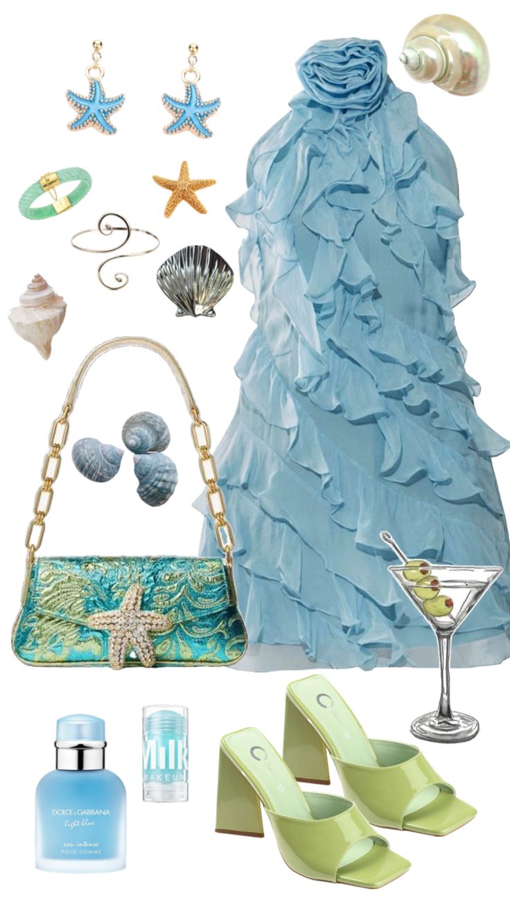 a woman's blue dress and accessories including shoes, handbag, purse, bracelets