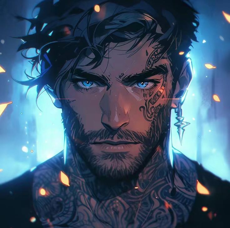 a man with blue eyes and tattoos on his chest looking at something in the distance