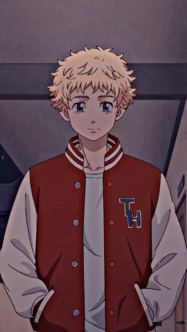 an anime character with blonde hair wearing a baseball jacket