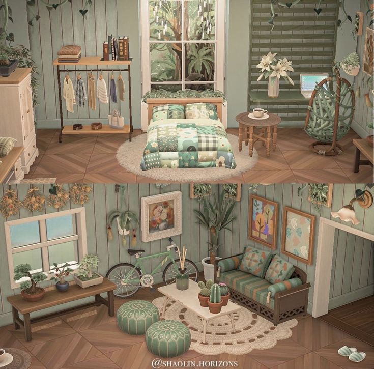 the interior of a dollhouse with furniture and decor in it, including a bed