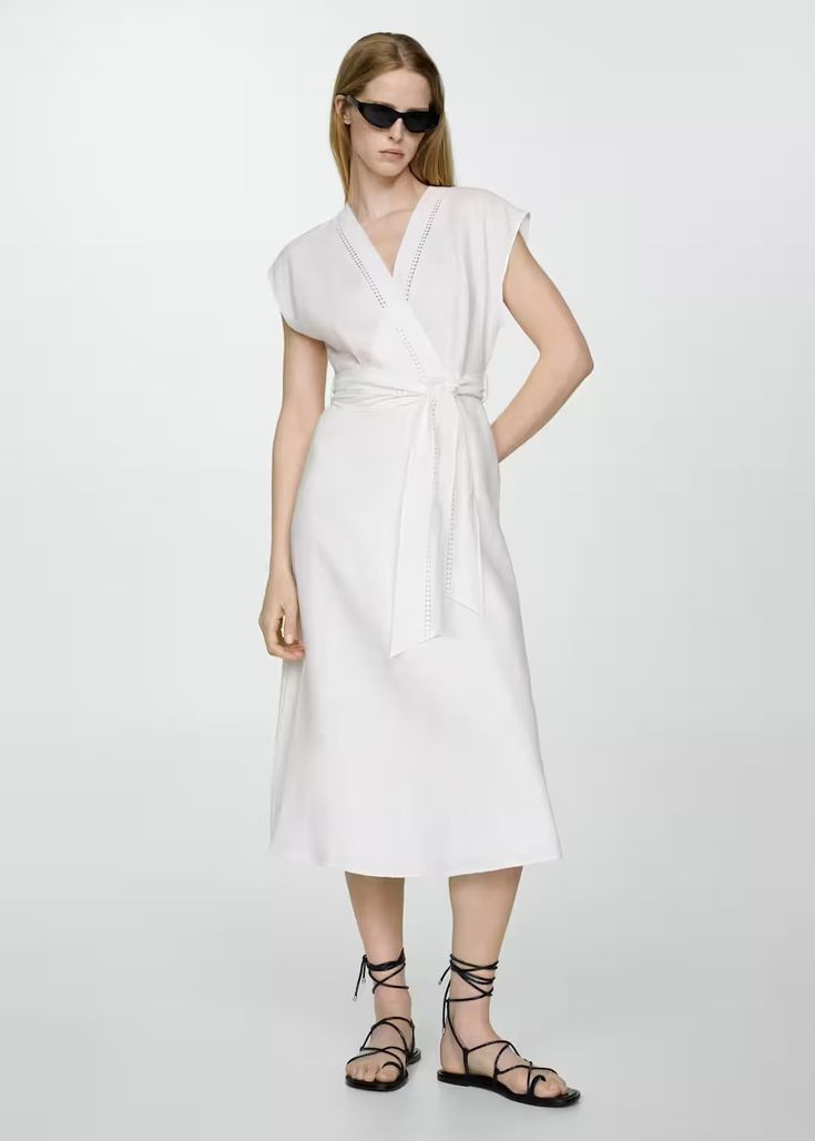 Bow linen-blend dress - Women | Mango USA Chic White Linen Workwear Dress, Chic White Linen Dress For Work, Linen Tie Waist Dress For Daywear, Elegant Linen Day Dress, Elegant Linen Dress For Daywear, Linen Dress With Tie Fastening For Spring, Linen Midi Dress With Tie Waist For Daywear, Sleeveless Linen Dress For Spring Formal, Sleeveless Linen Spring Formal Dress