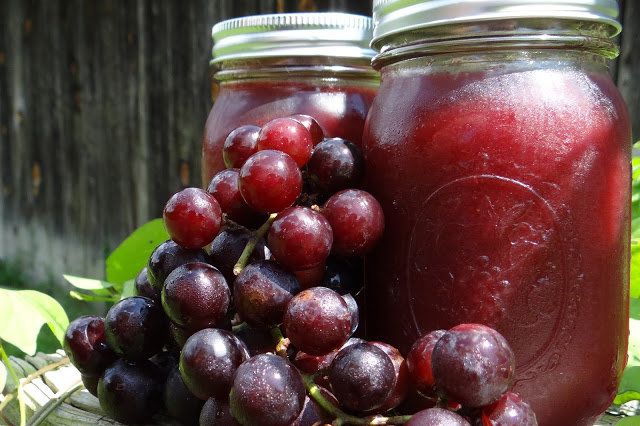 two jars filled with red grapes sitting on top of a wooden table next to green leaves