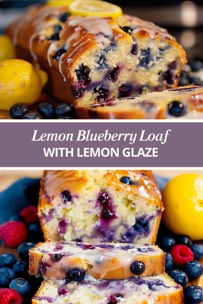 lemon blueberry loaf with lemon glaze and fresh berries on the side, cut in half