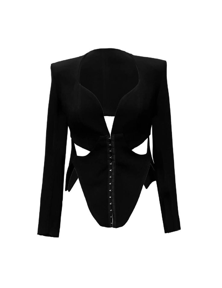 Viscose Blend Crepe Blazer Jacket.Cut out corsetry shape.Closure with hooks at front and back.Supplier color: BlackMade in Italy.52% Viscose , 48% Acetate Elegant Long Sleeve Corset For Night Out, Fitted Gothic Outerwear For Night Out, Spring Fitted Corset With Buttons, Fitted Outerwear With Buttons For Evening, Edgy Fitted Blazer For Night Out, Elegant Fall Corset For Night Out, Elegant Party Corset With Hook And Eye Closure, Elegant Fall Party Corset, Spring Formal Overbust Corset