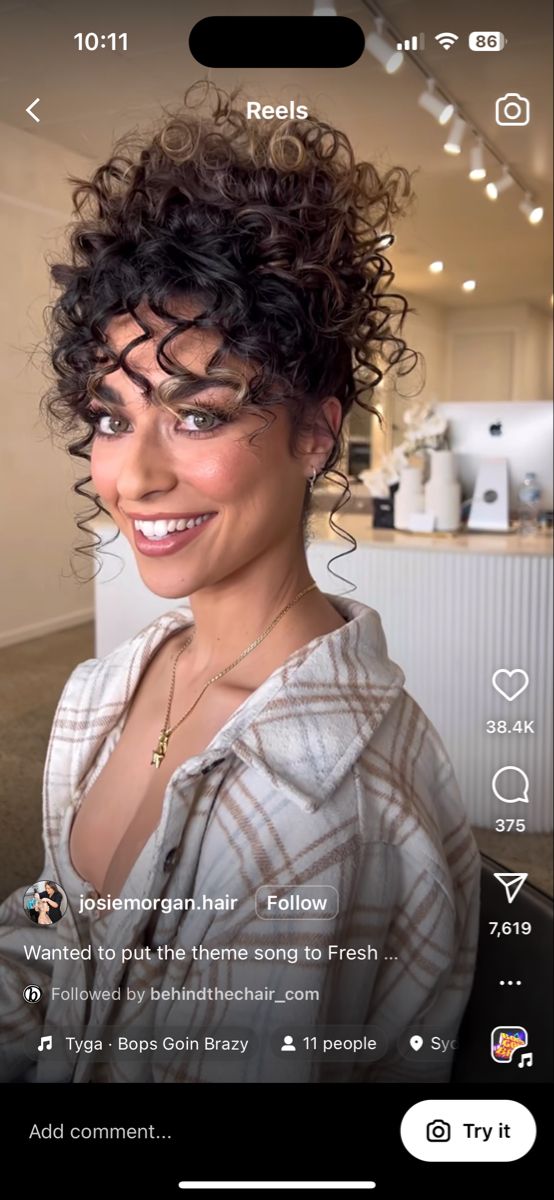 Curly Hair Updo With Flowers, Curly Updo Bangs, 90s Curly Updo, Curly Bangs Updo, Curly Updo With Bangs, Short Hair Bridal Hairstyles, Bangs 90s, Curly Bun Updo, Senior Hoco