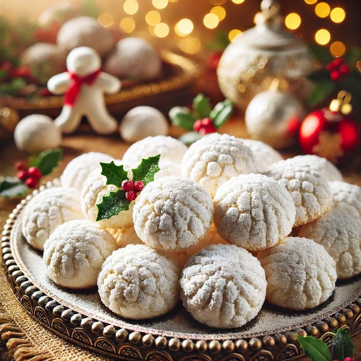 a plate filled with cookies covered in powdered sugar next to christmas decorations and baubles