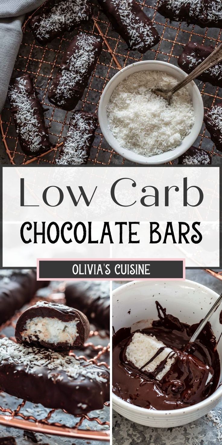 low carb chocolate bars with coconut on top and in the background, there is a bowl of powdered sugar next to them