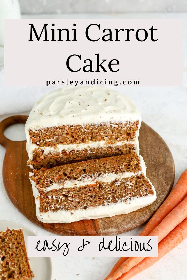 carrot cake with cream cheese frosting and sliced carrots on a wooden cutting board