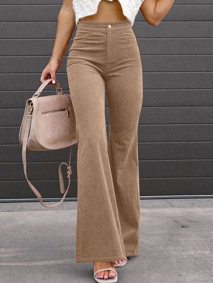 Color: Black - Khaki - Orange | Material: Polyester - Corduroy | Season: Spring - Autumn | Waist Design: High Waist | Design Element: Pocket | Style: Casual Trendy Summer Outfits 2023, Loose Womens Pants, Cargo Pants Women Baggy, Elastic Waist Trousers, Casual Slacks, Teen Outfits, Orange Material, Bootcut Pants, Flare Leg Pants