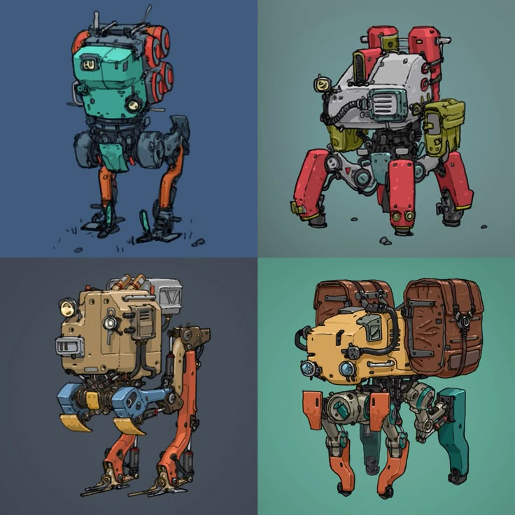 four different colored robots standing next to each other