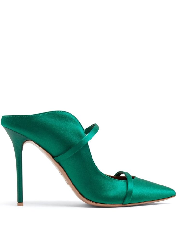 green leather satin finish slip-on style pointed toe branded insole 100mm high heel Green Almond Toe Heels, Luxury Green Heels With Padded Heel, Green High Heel Evening Heels, Elegant Green Heels With 4-inch Heel, Green High Heels For Evening, Elegant Green Slip-on Heels, Luxury Green High Heels, Green Slip-on Evening Heels, Green Wrapped Heel Evening Heels