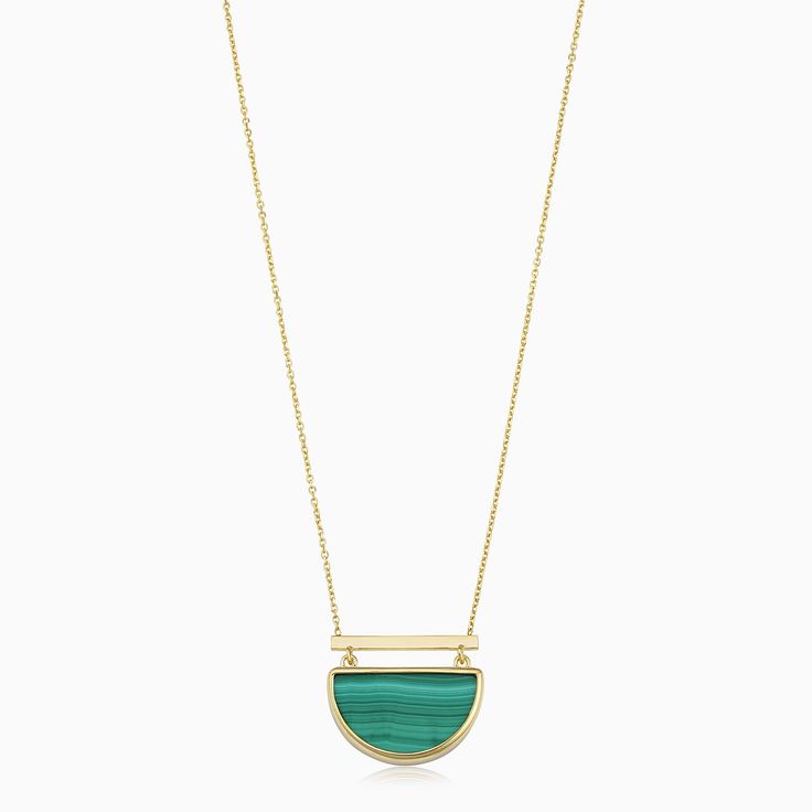 #YellowGoldMalachite-14kSolidGold-1718 A half-moon shaped bezel genuine Malachite stone sits as the centerpiece of our Better Half Necklace, with a petite gold bar overhead. This rich malachite stone is symbolic of your body’s positive transformation. The Finer Points: 14k Solid Yellow Gold Genuine Green Malachite Stone 18 Inches Length, Adjustable to 17 Inches Crafted in Vicenza, Italy #YellowGoldLapis-14kSolidGold-1718 A half-moon shaped bezel genuine Lapis stone sits as the centerpiece of our Half Necklace, Vicenza Italy, Half Moon Necklace, Lapis Stone, Green Malachite, Malachite Stone, Better Half, Gold Price, Gold Bar