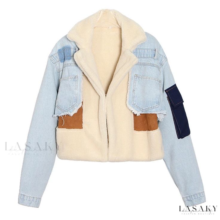 Lasaky - Twenty and Wise: Liang Shuangs Thickened Denim Patchwork Sheepskin Collar Cotton Padded Jacket Style Bleu, Patchwork Coat, Patchwork Denim, Trim Jacket, Legging Sport, Frayed Denim, Recycled Denim, Cotton Coat, Denim Patchwork