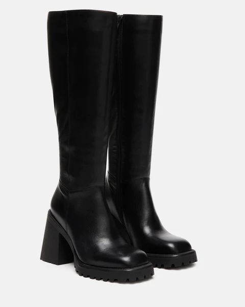 VIOLET Black Leather Knee High Block Heel Boot | Women's Boots – Steve Madden Knee High Leather Black Boots, Steve Madden Leather Boots, All Leather Outfit Women, Black Tall Boots Women, Fall Black Boots, Trendy Winter Shoes, Black Fall Boots, Going Out Boots, Black Boots Knee High