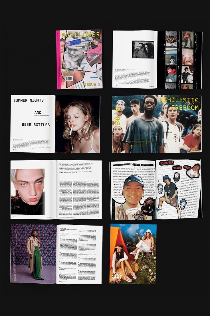 an assortment of magazine pages spread out on a black background