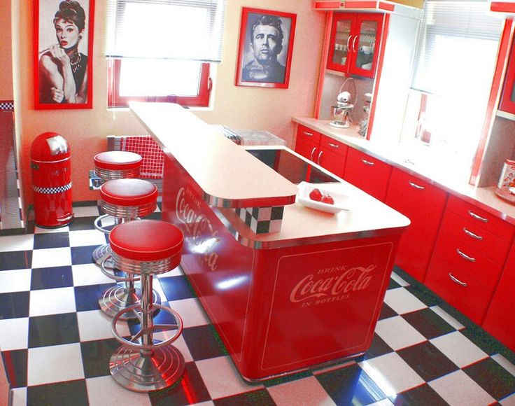 a red and black checkered floor in a kitchen with coca - cola bar stools