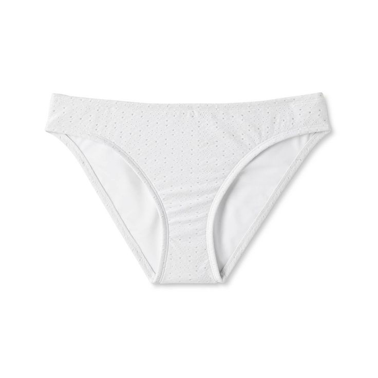 Add charming vibes to your poolside wear with this Eyelet Hipster Bikini Bottom from Kona Sol™. This solid white bikini bottom features a low-rise hipster silhouette that's adorned with eyelet accents for dainty flair. The stretchy fabric lends comfortable movement and fit, while the full lining offers confident coverage. Pair with a matching eyelet bikini top or with other solid swim tops for an endless array of styling options. Kona Sol™: Made for your day in the sun. White Stretch Bottoms For Pool, White Seamless Bottoms For Poolside, White Seamless Swimwear For Sunbathing, White Beachwear Bottoms For Pool, Seamless White Swimwear For Sunbathing, White Seamless Summer Bottoms, White Beach Brief Bottoms, White Beach Bottoms In Brief Style, White Beach Bottoms