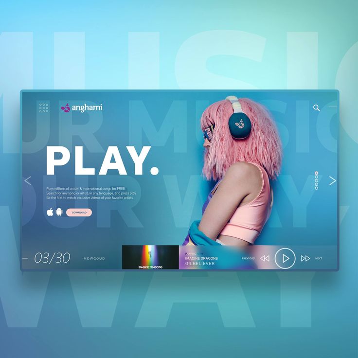 an advertisement for a music company featuring a woman with pink hair and headphones on