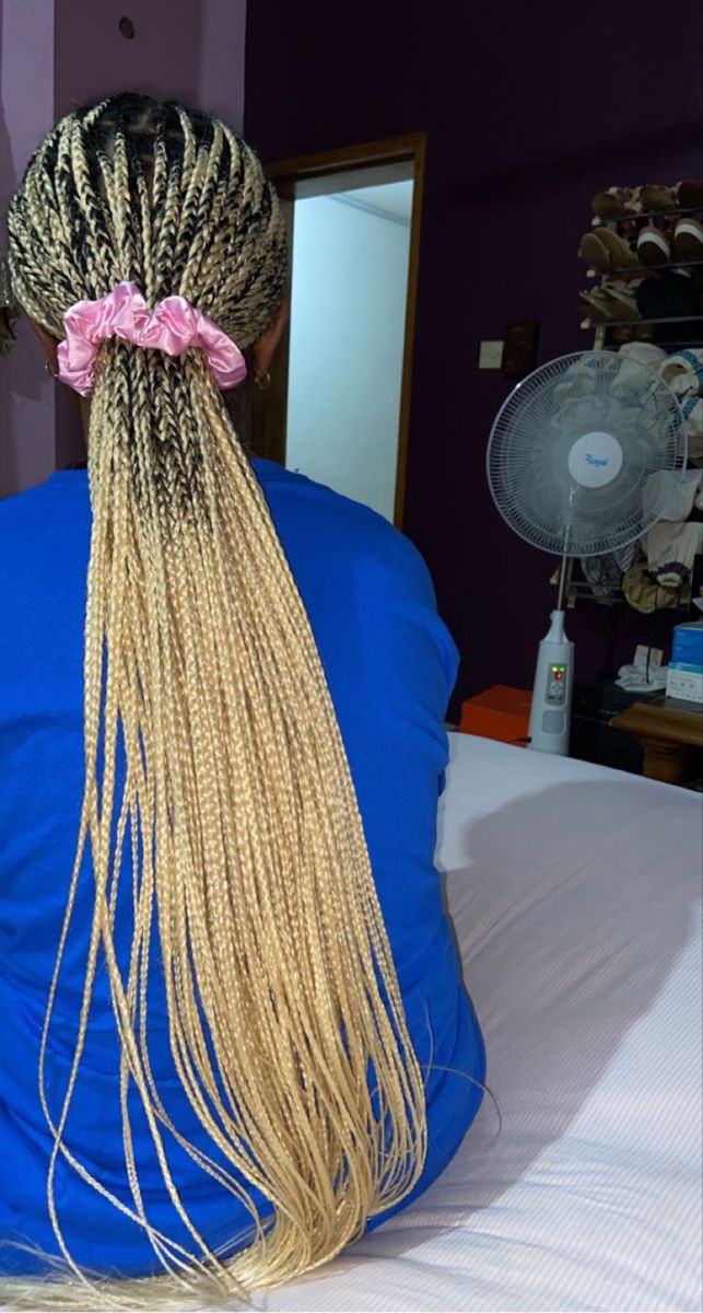 Blonde And Pink Knotless, 613 And Pink Knotless Braids, Pale Pink Braids, Blonde And Pink Knotless Braids, Black Pink Blonde Braids, 613 Knotless Braids, Braided Pony, Gold Hair Pin, Blonde Braids