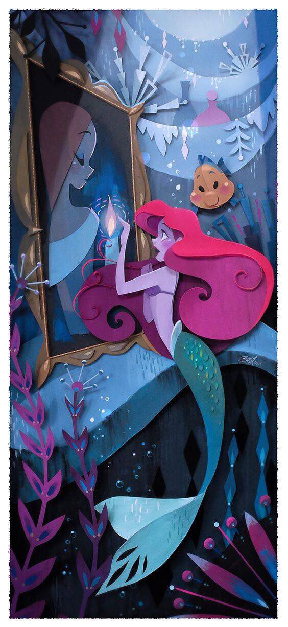 the little mermaid is looking at her reflection in the mirror, and she's holding onto