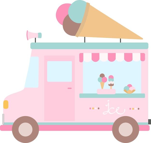 a pink ice cream truck with an ice cream cone on top and two scoops