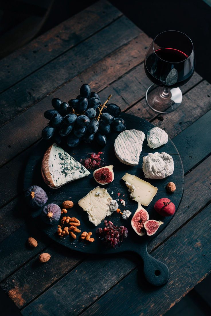 Dark wooden cheese board with assorted cheeses, figs, black grapes, nuts, and a glass of red wine, set on a rustic wooden table with moody lighting. Wine And Cheese Board Aesthetic, Minimal Charcuterie Board, Moody Charcuterie Board, Charcuterie Board Photoshoot, Dark Charcuterie Board, Cheese Platter Aesthetic, Wine And Cheese Aesthetic, Dinner Cheese Board, Cheeseboard Aesthetic