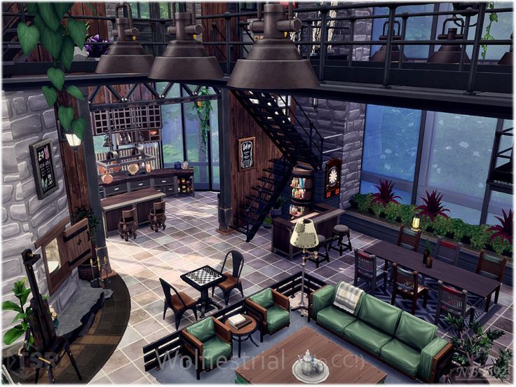 Sims 4 Industrial Build, Industrial Building Home, Sims 4 Twilight House, Ts4 Loft House, Sims 4 Loft Apartment Layout, Sims Underground House, Industrial Home Sims 4, Sims 4 Underground Bunker, Sims 4 Industrial Kitchen