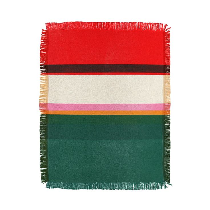 a multicolored blanket with fringes on the bottom and green, red, yellow, white, and black stripes