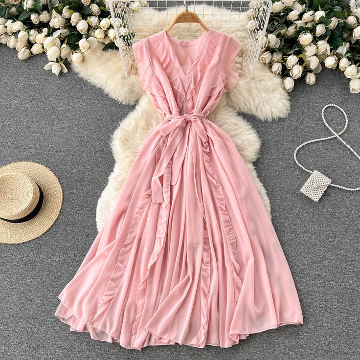 Pink V-neck Sundress For Daywear, Pink V-neck Chiffon Beach Dress, Pink Chiffon V-neck Mini Dress, Pink V-neck Sundress With Ruffles, Casual Pink V-neck Ruffle Dress, V Neck Short Dress, Cute V, Short Dress Styles, Dress Women Elegant