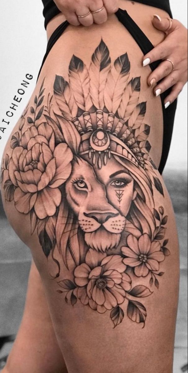 Leo Flowers Tattoo, Lion Tattoo For Women Hip, Woman Tattoo Ideas Thigh, Tattoo Ideas Female Thigh Lion, Sunflower And Lion Tattoo Sleeve, Lion Tattoo Leg Woman, Though Tattoos Women, Leo Lion Tattoos For Women Leg, Back Lion Tattoo Women