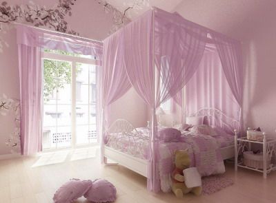 a bedroom decorated in pink and white with flowers on the ceiling, bedding and curtains