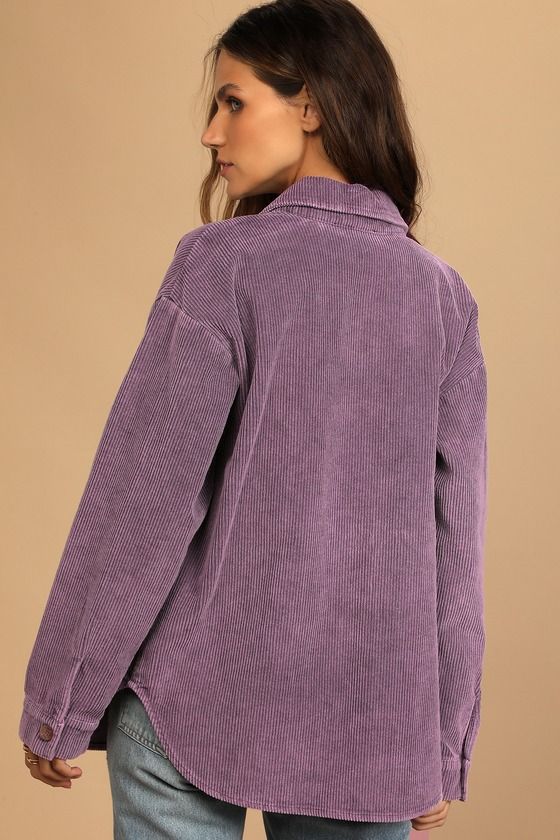 Step out in style this season with the Lulus Take the Chill Off Lavender Corduroy Shacket! This lightweight shirt-meets-jacket is composed of classic corduroy fabric that shapes a collared neckline and long sleeves with button cuffs. The slightly oversized bodice has a functional button placket down the center and ends at a rounded hem. Fit: This garment fits true to size. Length: Size small measures 28.5" from shoulder to hem. Bust: Great for any cup size. Waist: Not Fitted - comfortable room t Corduroy Shacket, Corduroy Fabric, Comfortable Room, Cup Size, Button Placket, In Style, Bodice, Lavender, Turtle Neck