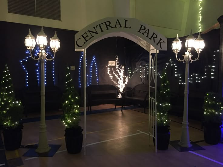 the entrance to central park is lit up with blue and white christmas lights on it