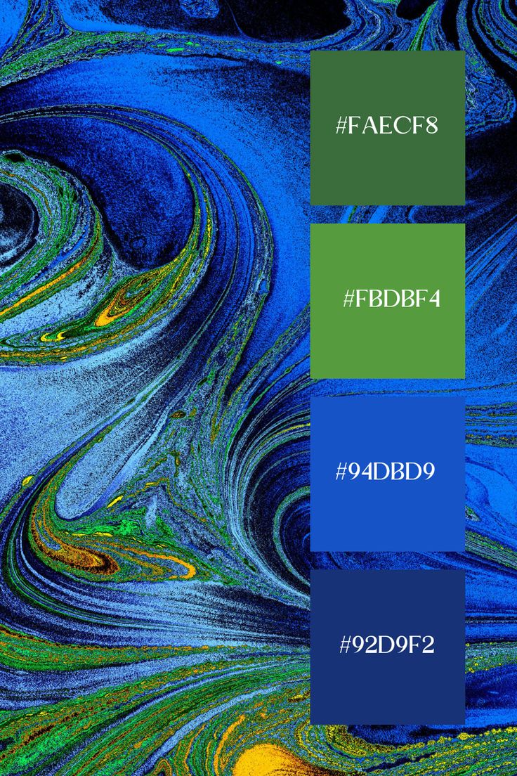 an abstract painting with blue, green and yellow colors in the center is a swirly pattern