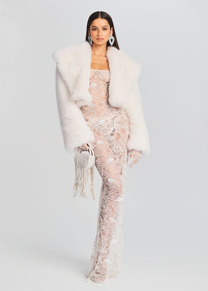 Cropped Faux Fur Coat, Bridal Reception Dress, Australia Clothes, Cropped Coat, Bachelorette Party Bride, Rehearsal Dress, White Fur, Reception Dress, Lace Maxi