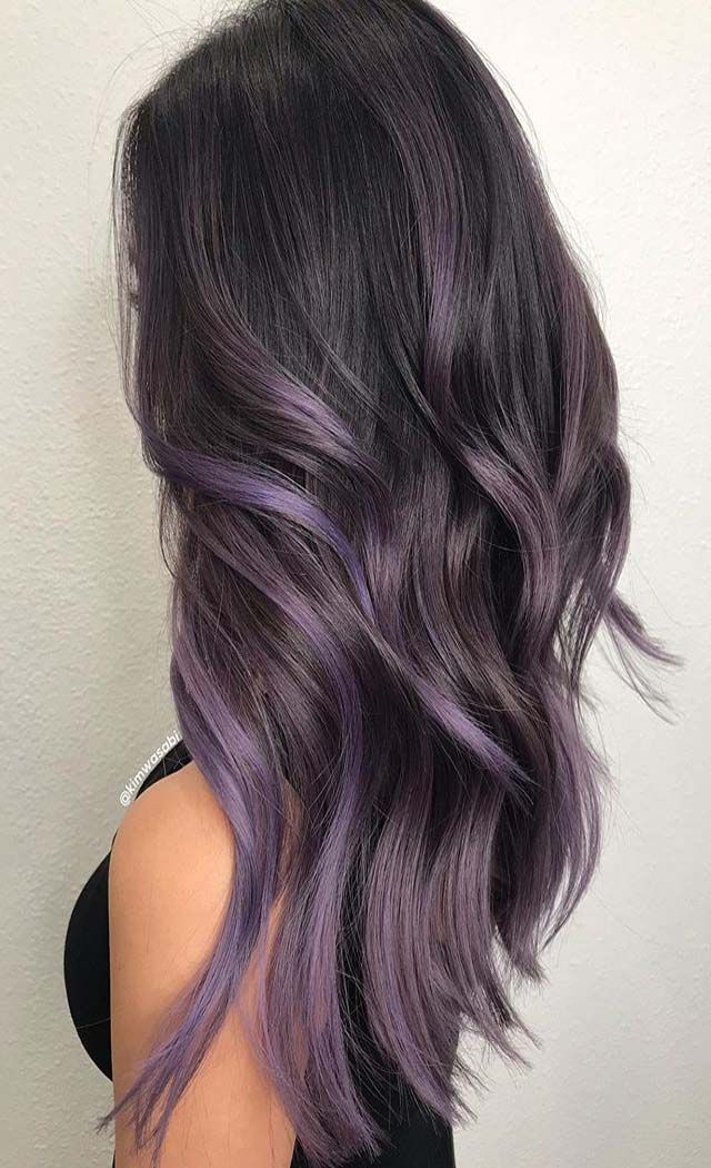 Hair Color Ideas For Brunettes Balayage, Lavender Hair Colors, Brunette Ombre, Dark Purple Hair, Black Hair Balayage, Brunette Balayage, Lilac Hair, Hair Streaks, Lavender Hair