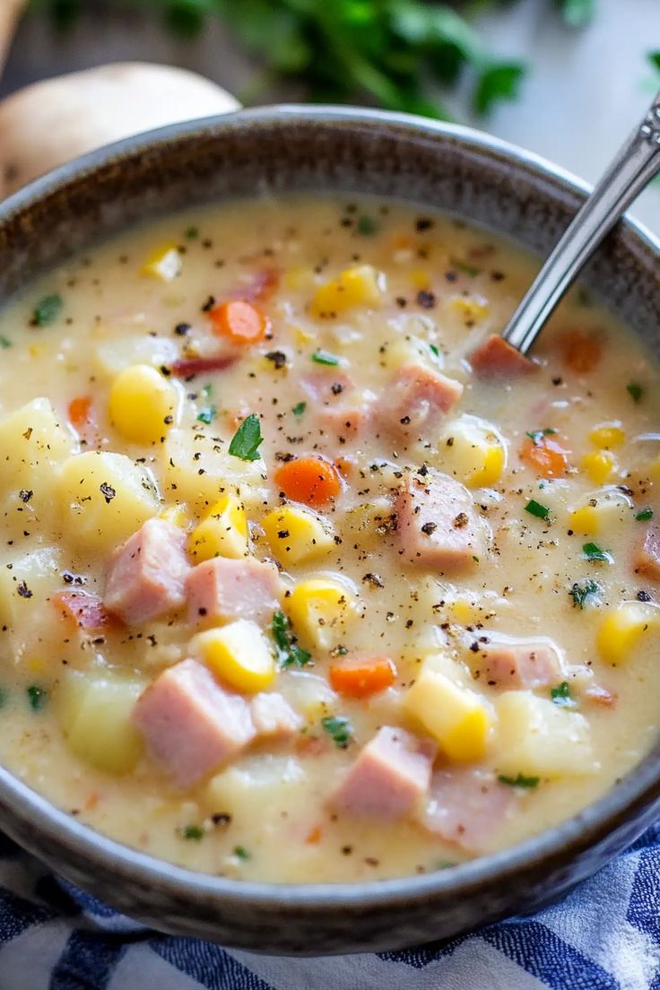 a bowl of ham and potato soup with a spoon in it