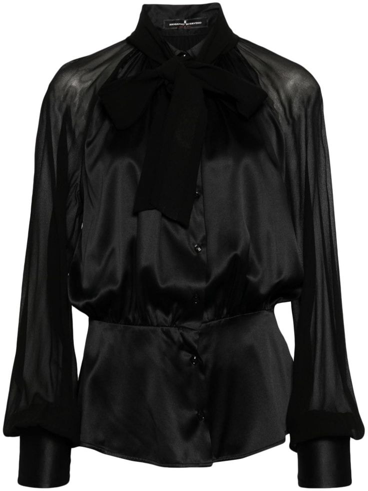 black stretch-silk satin finish pussy-bow collar front button fastening fitted waistline elasticated waistband long sleeves buttoned cuffs long puff sleeves curved hem 2020s Fashion, Buttoned Shirt, Bow Collar, City Dress, Yoko London, Ermanno Scervino, My Dream Wardrobe, Long Puff Sleeves, Summer Beach Wear