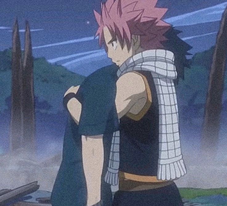 an anime character with pink hair standing in front of some trees and looking off into the distance