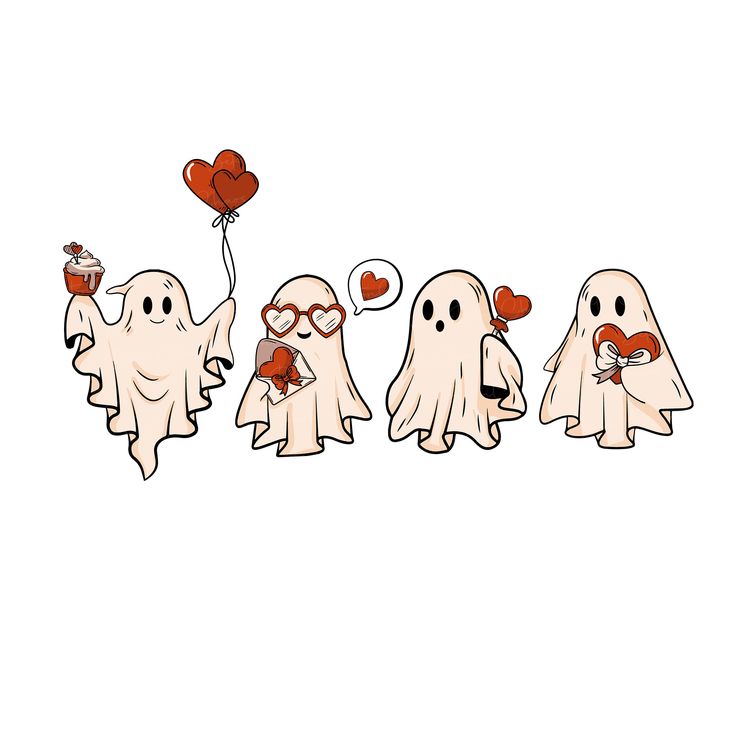 three cartoon ghostes with heart shaped balloons in their hands