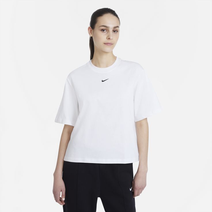 Women's Nike Sportswear Essentials Boxy T-Shirt Style # DD1237-100 Color: White/Black Smart Casual Wear, Women Essentials, Sportswear Women, Nike Tops, Nike Sportswear, Shirt Online, Outfit Sets, Black Fashion, Nike Women