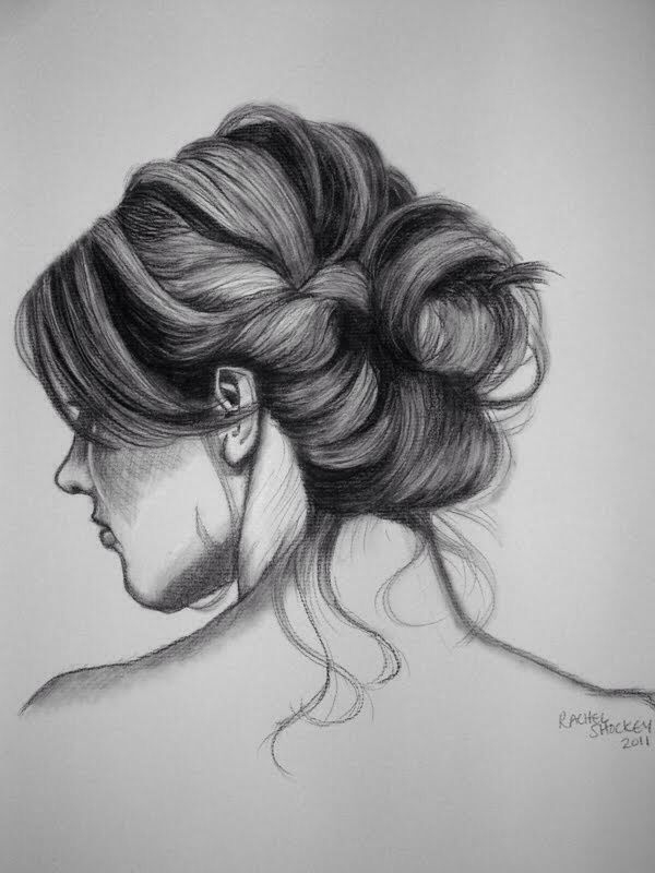 a pencil drawing of a woman's head with her hair in a low bun