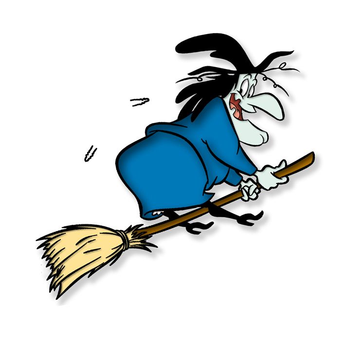 a cartoon witch flying on a broom