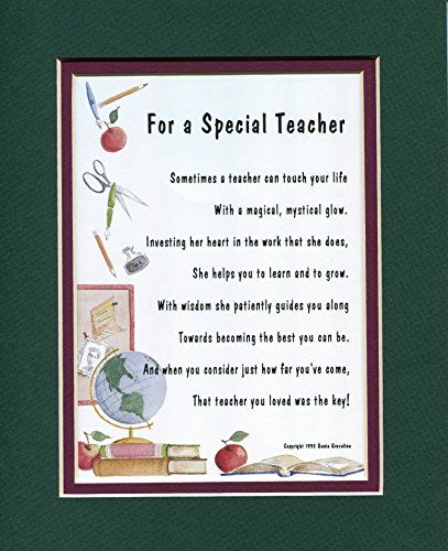 a teacher's poem with an apple and school supplies on the front, framed in green