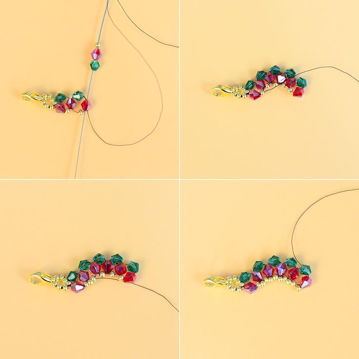 four different pictures of beads being made into necklaces and bracelets on a yellow background