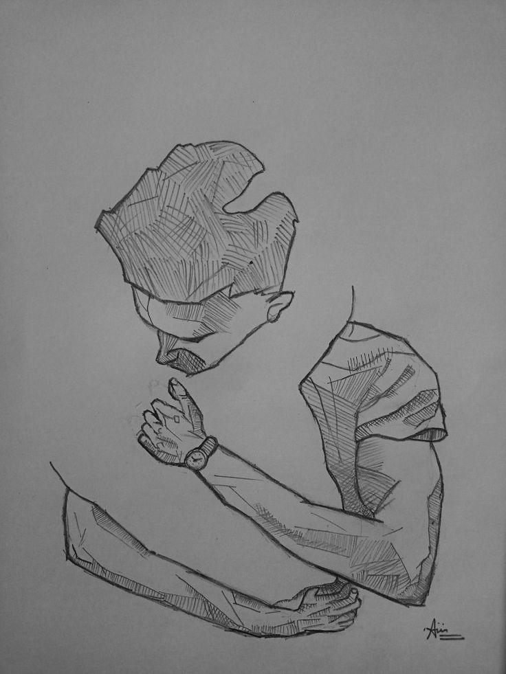 a black and white drawing of a person with their hand on his chest, looking down at the ground